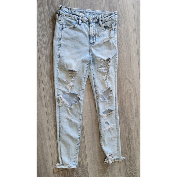 American Eagle Super Hi Rise Jegging Jeans Super Destroy Ripped Size 4 Short - Picture 1 of 12